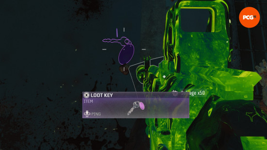 A purple rarity Black Ops 6 Zombies loot key lies on the ground. 