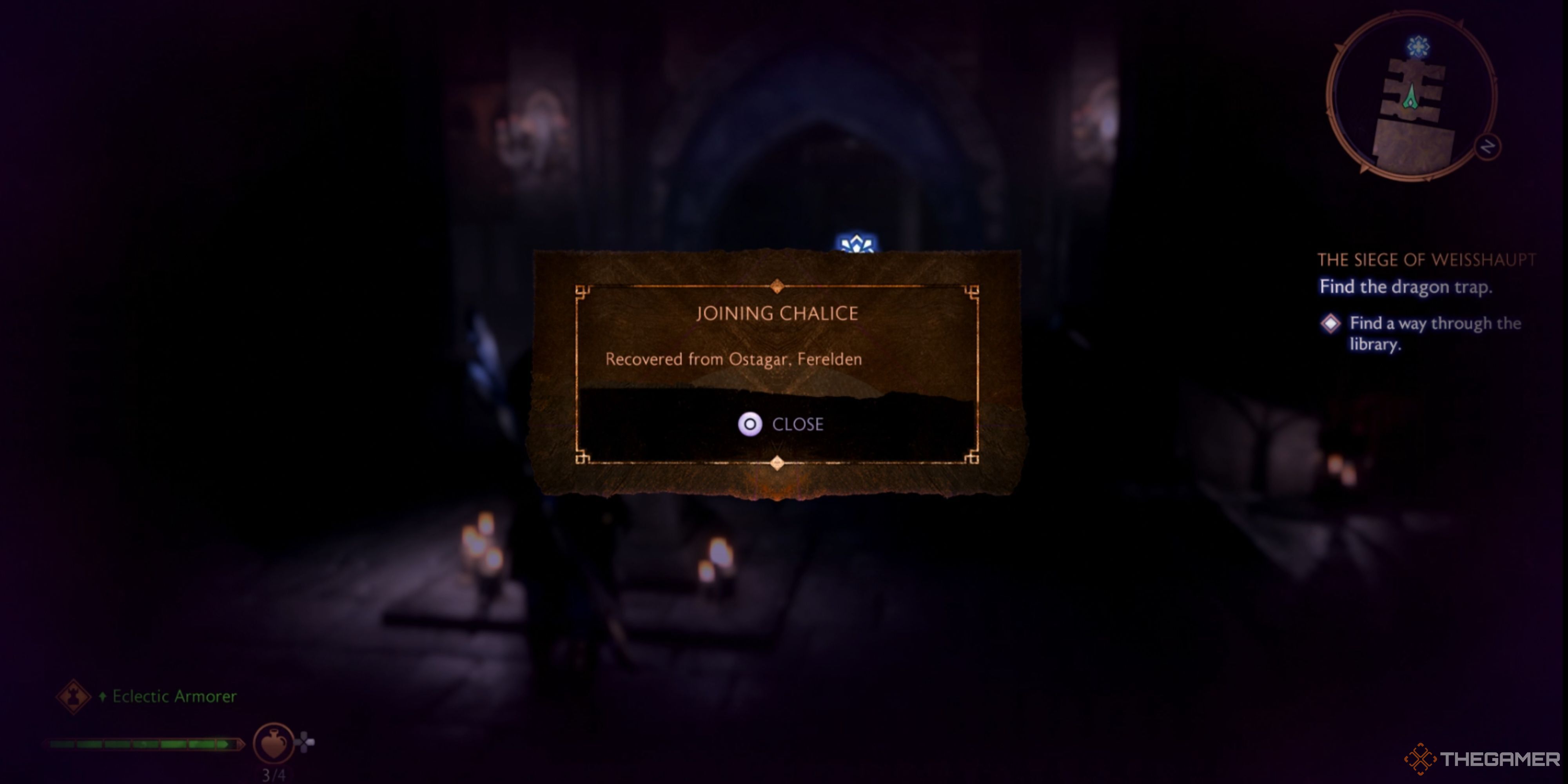 A text box in Dragon Age: The Veilguard, describing an item the player has found. The item is a Joining chalice, and the description says that it was "recovered from Osragar, Ferelden".