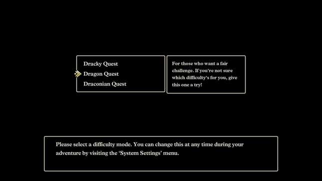 A screenshot of Dragon Quest III HD-2D. A black menu shows three selectable difficulty options, with the “Dragon Quest” difficulty in the middle highlighted.