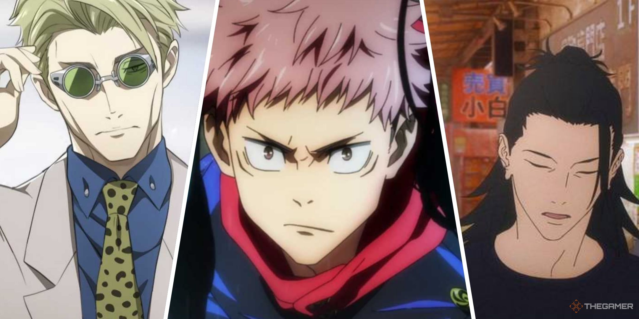 Split images of Kento Nanami, Yuji Itadori, and Suguru Geto in Jujutsu Kaisen.