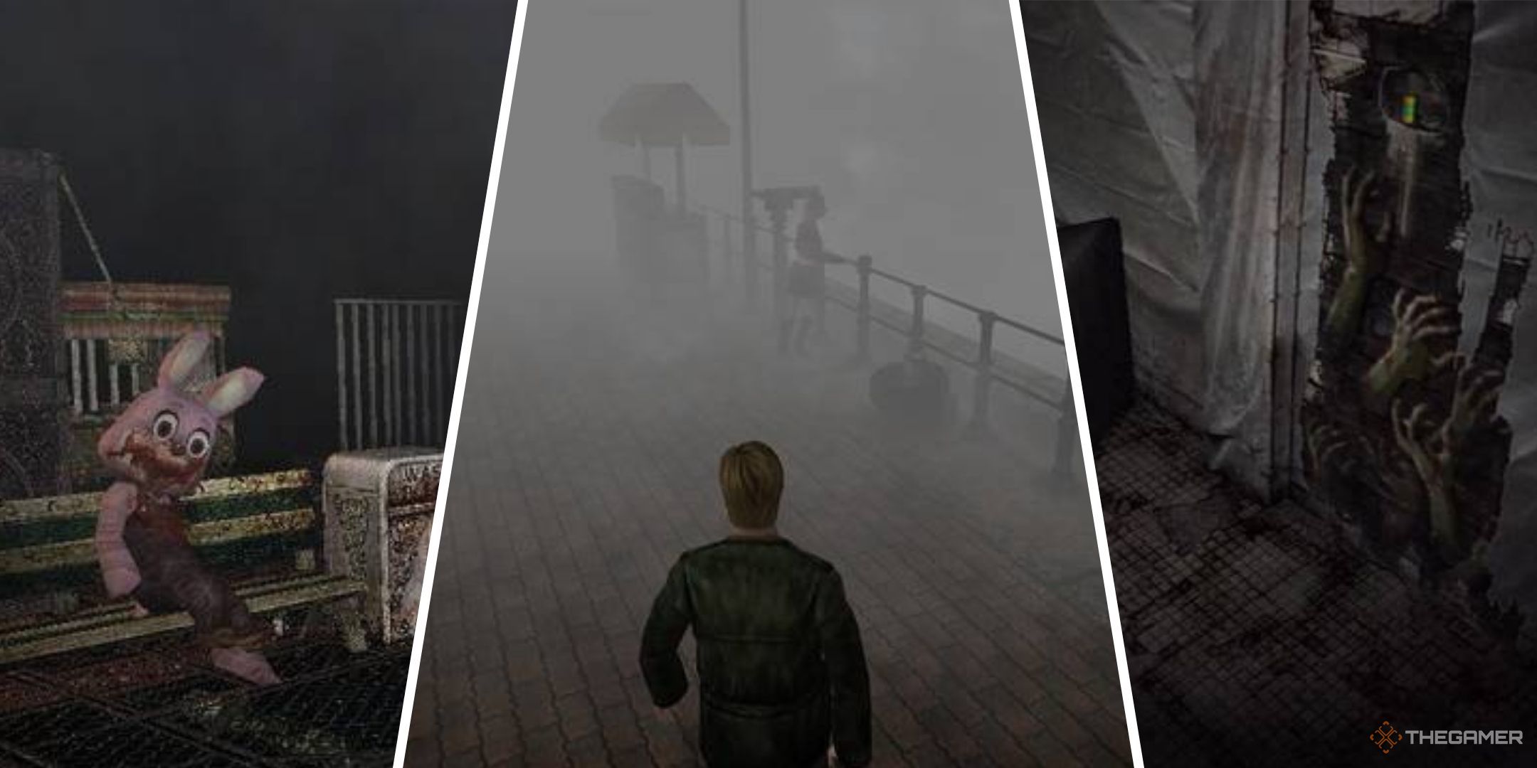 Split images of Robbie the Rabbit in the Lakeside Amusement Park in Silent Hill 3, James walking down the street in Silent Hill 2, and arms in Brookhaven Hospital.