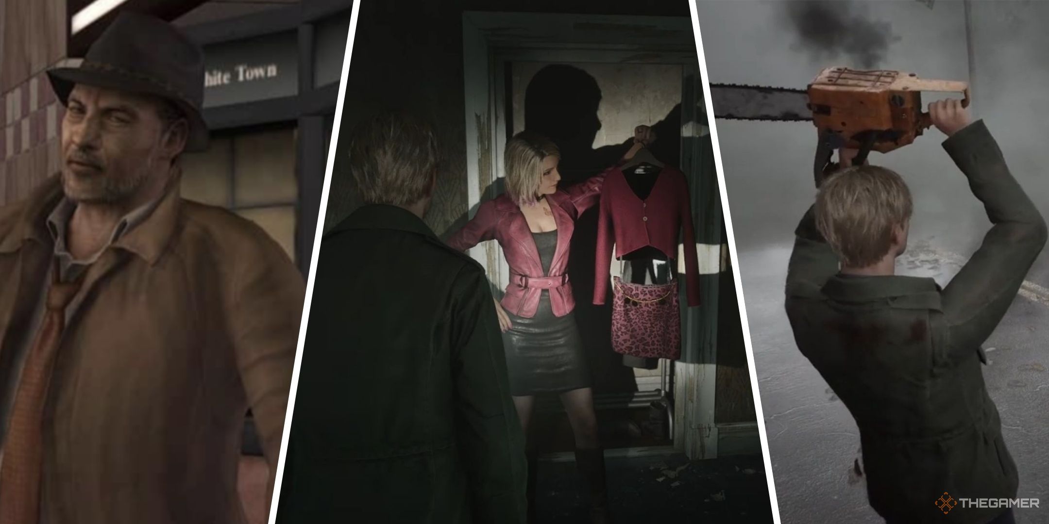 Three-image collage of Douglas Cartland from Silent Hill 3, James with Maria and her old outfit, and James wielding a chainsaw Leatherface-style in Silent Hill 2.