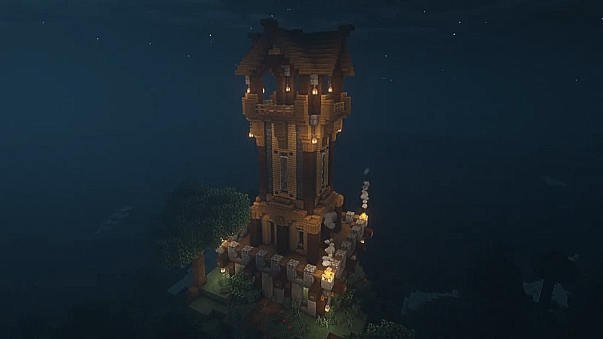 Best Minecraft tower designs: A tall medieval watchtower looms under a night sky.