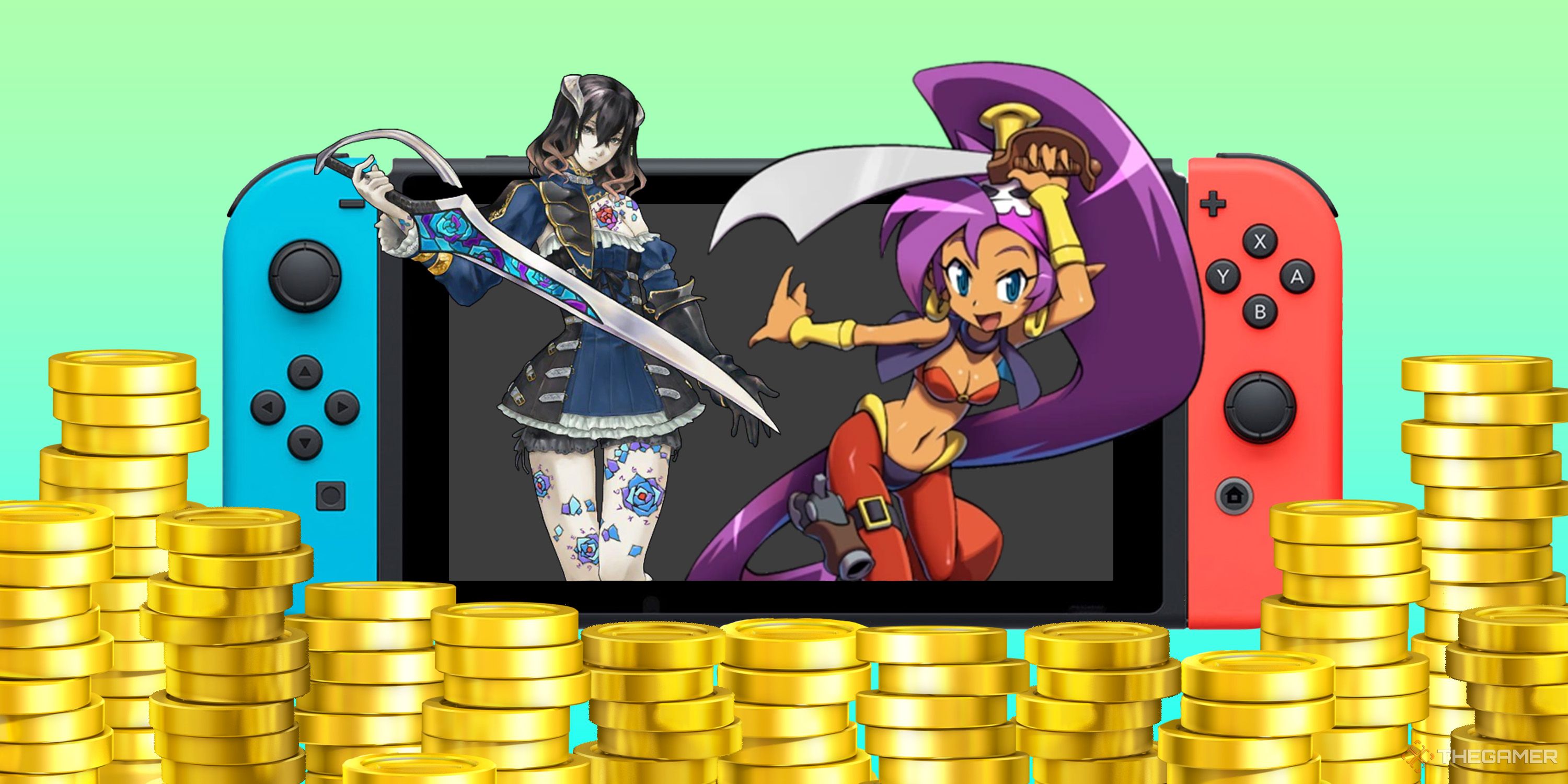 Shantae and Miriam emerging from a Nintendo Switch surrounded by gold coins.