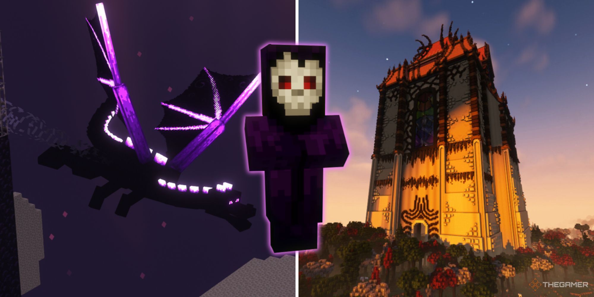 A split image of a black and purple Ender dragon, a very tall citadel with black spikes, and a dark, robed figure with a skull face.