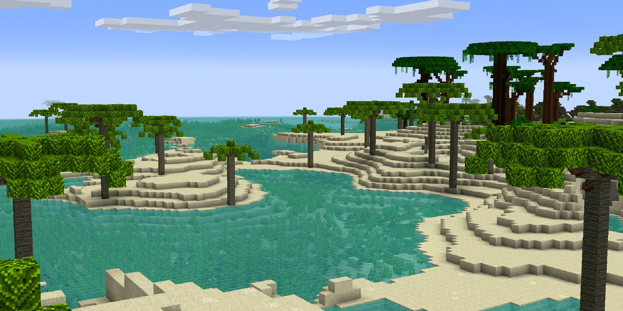 An image of a tropical beach area in Minecraft.