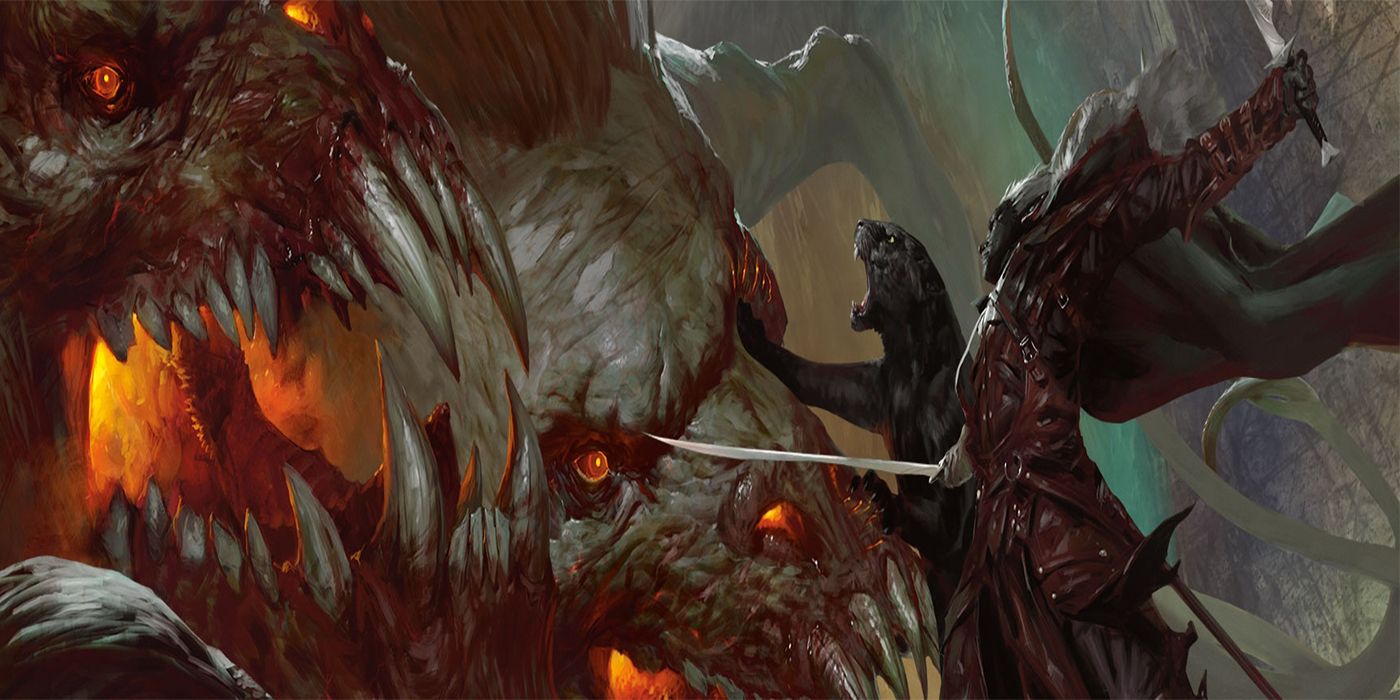 Drizzt attacking a demon creature. Art by Tyler Jacobson