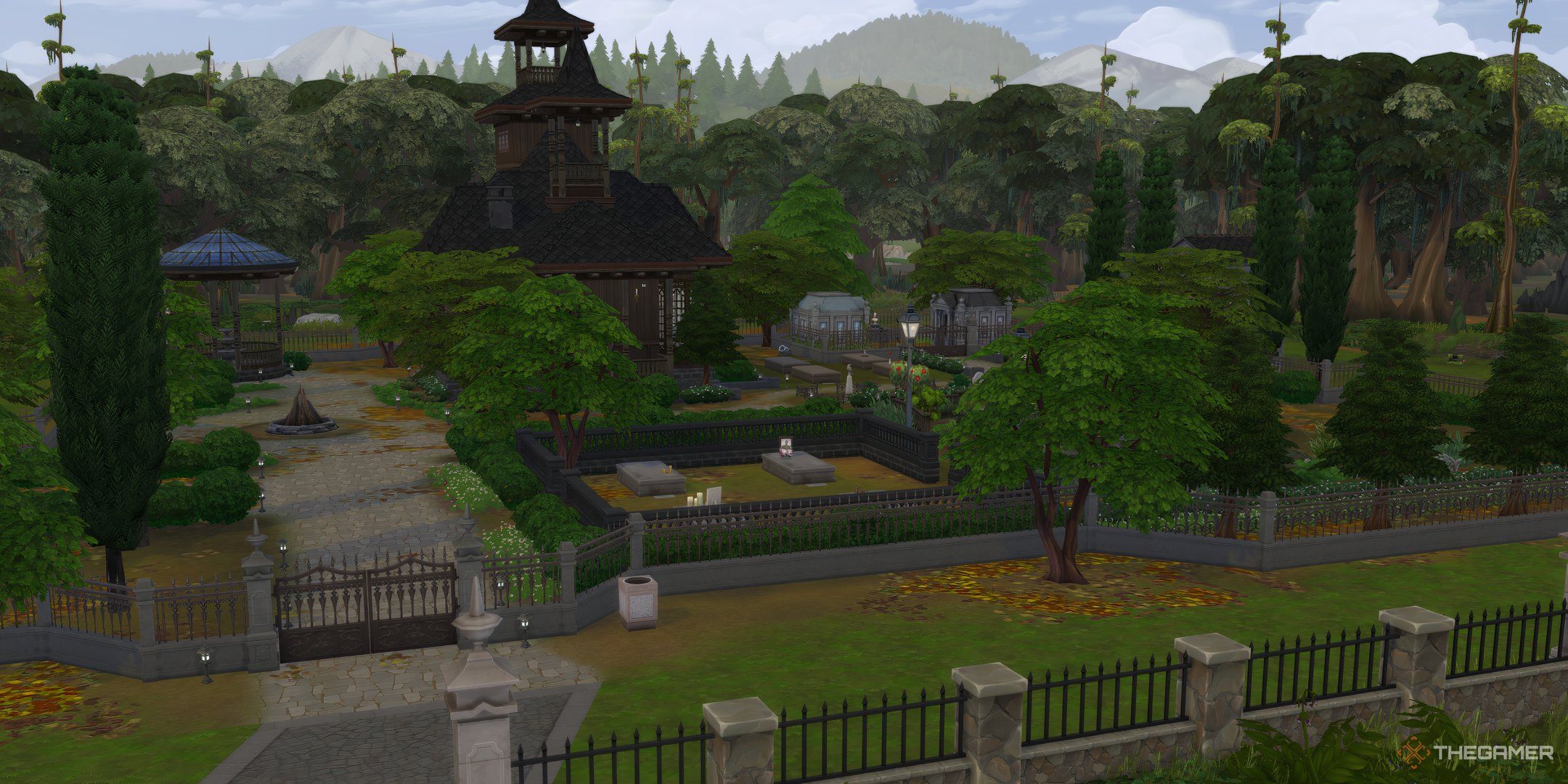 The front gates of Eternal Hollow cemetery in the sims 4 life and death expansion.