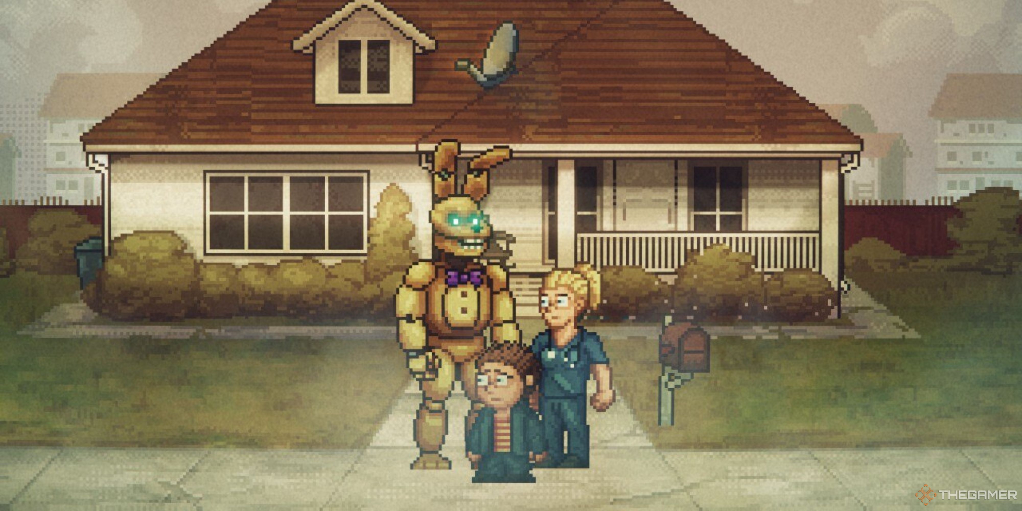 Oswald, Springtrap, and Mom stand in front of his home in Five Nights at Freddy's Into The Pit.