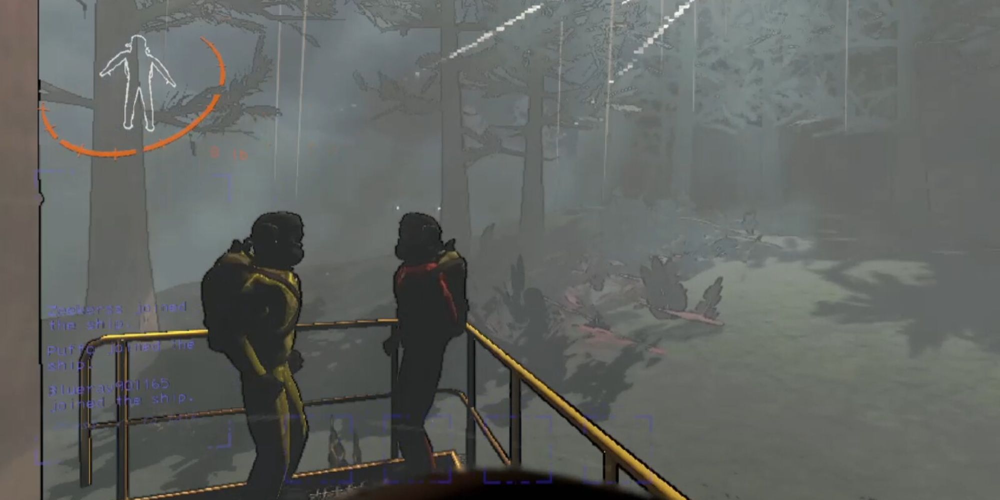 Lethal Company: Scavengers Mingling At The Ship By A Foggy Forest.