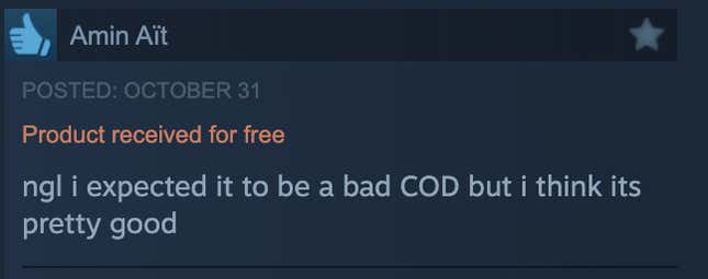 A Steam review reading, "ngl i expected it to be a bad COD but i think its pretty good."