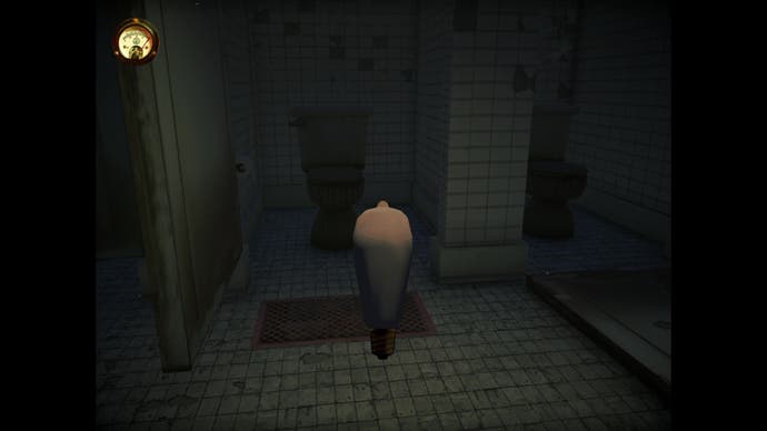 The player holds a lightbulb in front of a toilet in Fullbright Presents: Toilet Spiders.