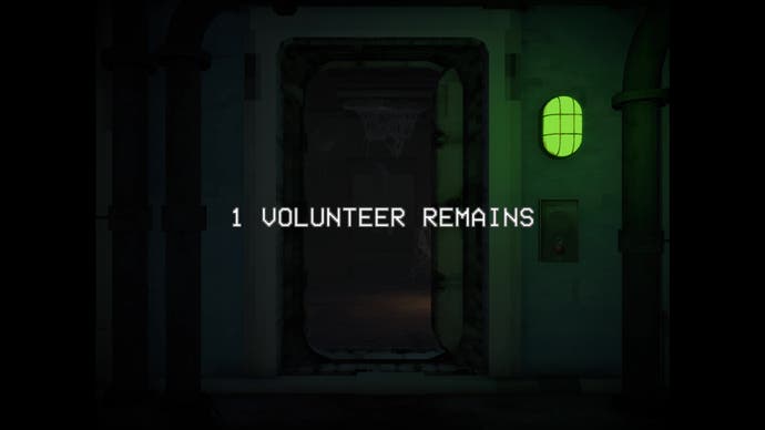 The player faces an airlock with a green light on the wall, while the text '1 Volunteer Remains' floats on the screen in Fullbright Presents: Toilet Spiders.