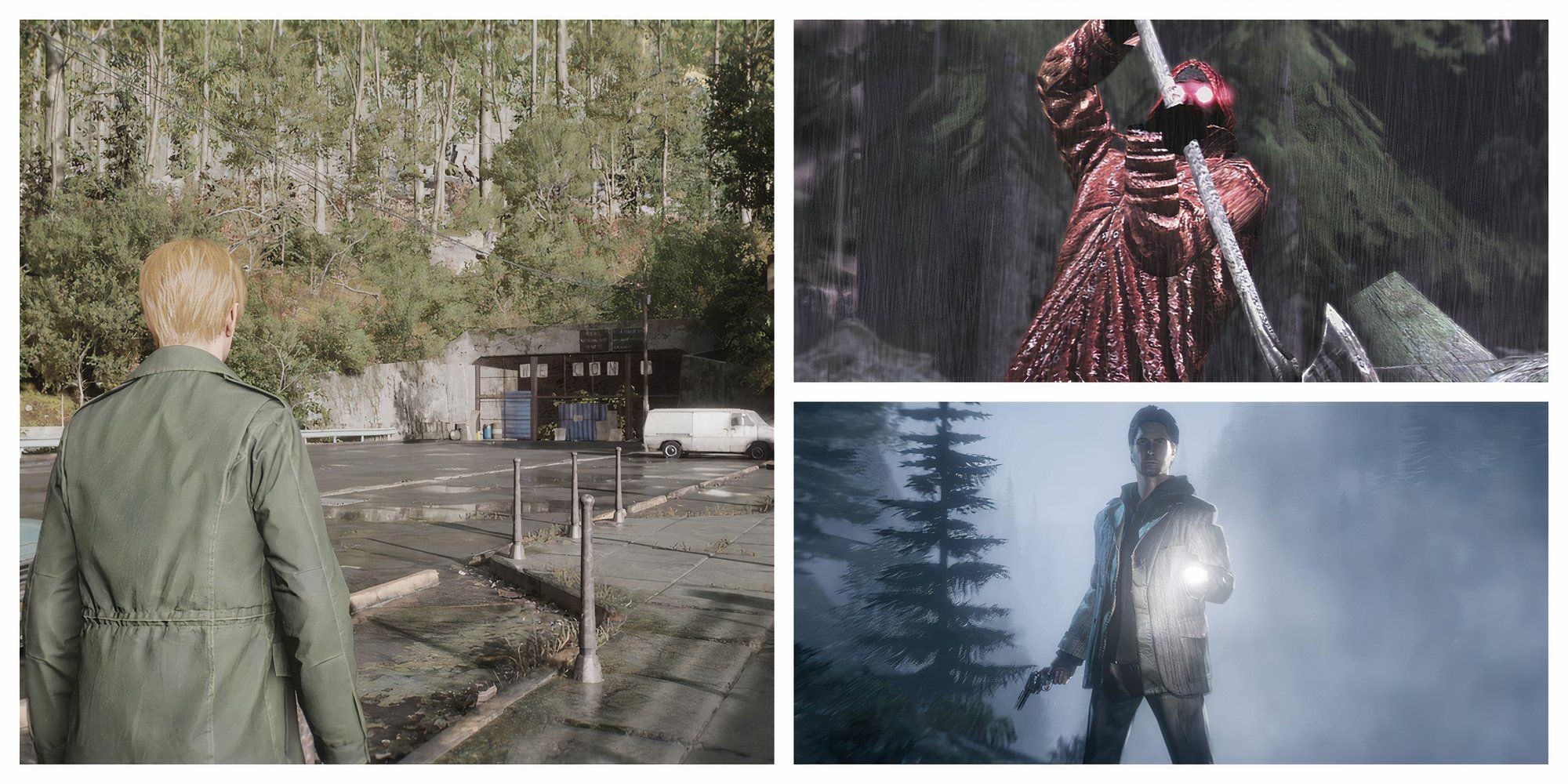 Left: A parking lot bordered by forests in Silent Hill 2 (2024). Top-Right: The Raincoat killer, with a red raincoat, glowing red eyes, and an axe from Deadly Premonition. Bottom-right: Alan Wake shining a flashlight in a dark forest in Alan Wake.