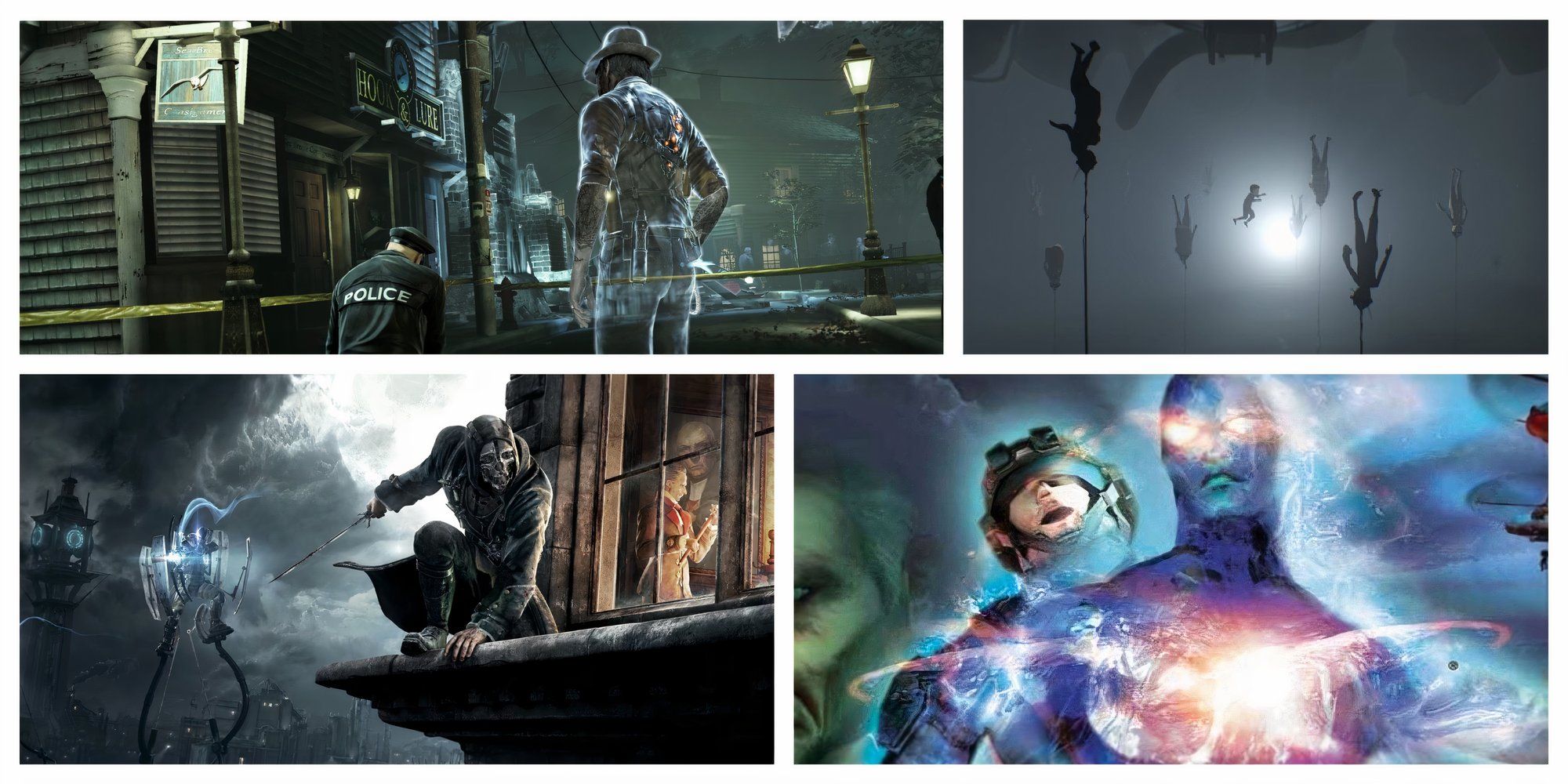 Top-Right: A detective's ghost looking down at a police crime scene in Murdered: Soul Suspect. Top-Right: A boy floating in water, surrounded by buoyant bodies anchored by apparatuses attached to their heads in Inside. Bottom-left:Corvo perched on a window ledge in Dishonored. Bottom-right: Raimi's ghost separating from a body in Geist.