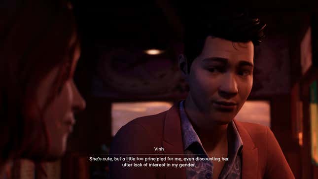 Vinh, in the Snapping Turtle's moody lighting, saying "She's cute, but a little too principled for me, even discounting her utter lack of interest in my gender."