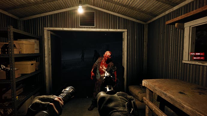 A screenshot of No More Room In Hell 2, showing the player backed into the corner of a toolshed by a blood-covered zombie.