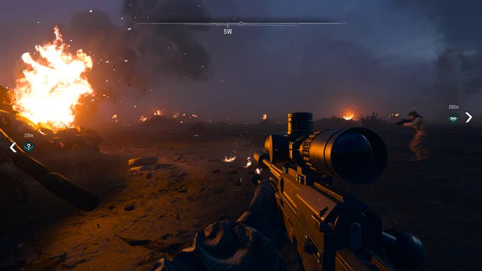 Call of Duty: Black Ops 2 screenshot showing you holding a sniper rifle at night amongst a flaming tank graveyard in Kuwait