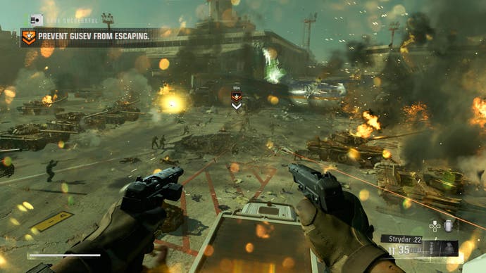 Call of Duty: Black Ops 2 screenshot showing you bursting out of the aeroplane dual-wielding pistols onto a chaotic battlefield