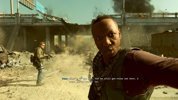 Call of Duty: Black Ops 2 screenshot showing the American soldier telling you to behave and not do war crimes