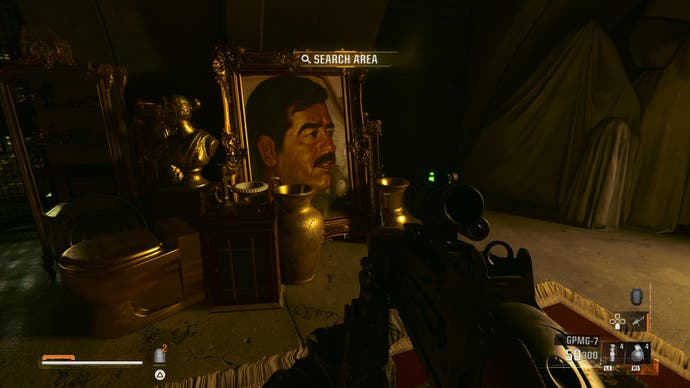 Call of Duty: Black Ops 2 screenshot showing a golden toilet and portrait of Saddam Hussein in his bunker