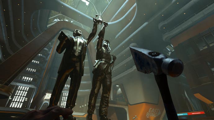 Call of Duty: Black Ops 2 screenshot showing a guant statue of two scientists in the mysterious research bunker