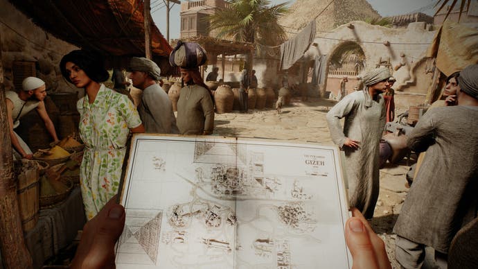 Screenshot from Indiana Jones and the Great Circle showing Indy in a bazaar with his journal open on a map