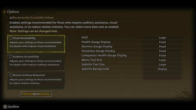 Monster Hunter Wilds beta screenshot showing options for Visual Accessibility