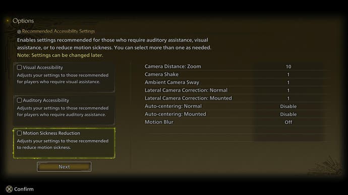 Monster Hunter Wilds beta screenshot showing options for Motion Sickness Reduction