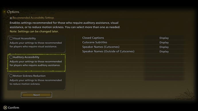 Monster Hunter Wilds beta screenshot showing options for Auditory Accessibility