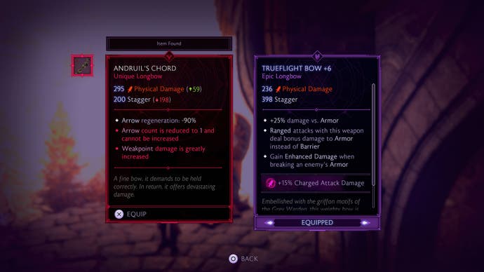 Item description boxes in Dragon Age: The Veilguard. These are for bows, and one of them is a unique item, meaning it's very powerful. It limits you to one shot, pretty much, but that one shot - if aimed right - does massive damage.