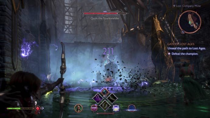 A character aims a bow in Dragon Age: The Veilguard, at the head of a towering ogre in a misty swamp.