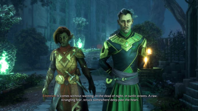 An armoured elven character walks with a slightly taller, robed masculine human character inside the eerie green glow of a necropolis.