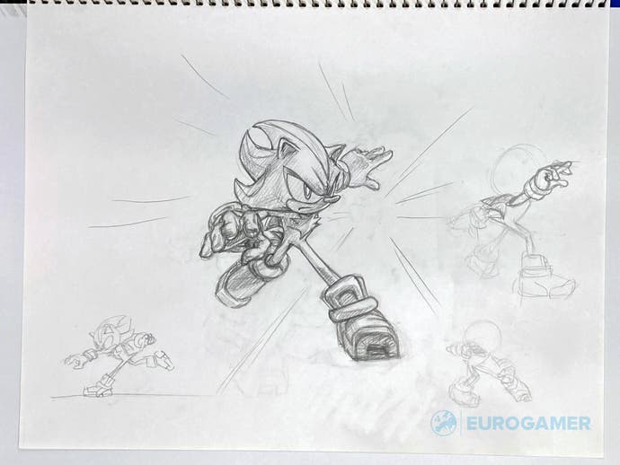 Sketch of Shadow the Hedgehog running, with looser sketches around him showing movement