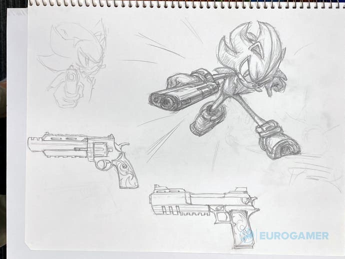 Sketch of Shadow the Hedgehog posing with a gun, with additional gun designs underneath