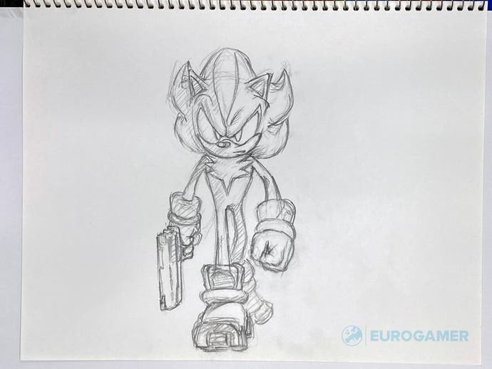 Sketch of Shadow the Hedgehog walking straight on holding a gun