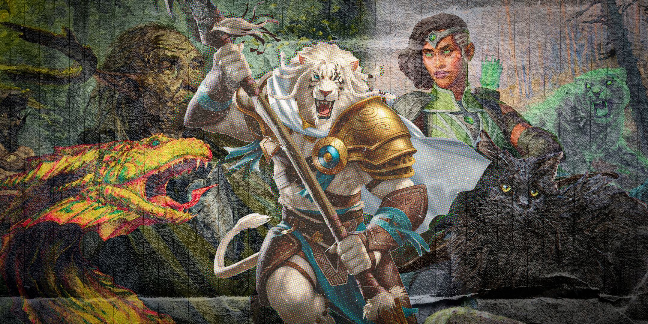 MTG Foundations art, showing Ajani, Vivien, Shivan Dragon, Elvish Elder, and Nine-Lives Familiar.