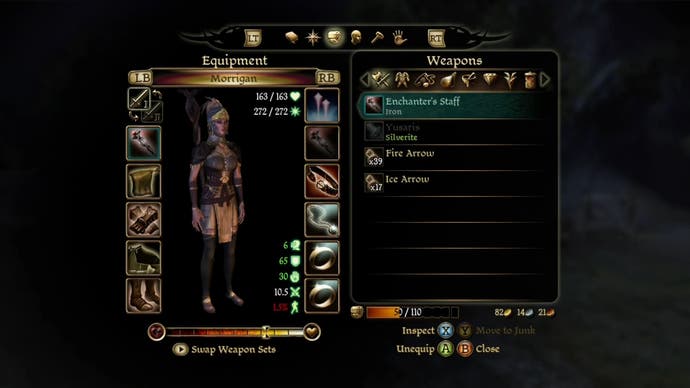 The character equipment menu for Morrigan in Dragon Age: Origins.