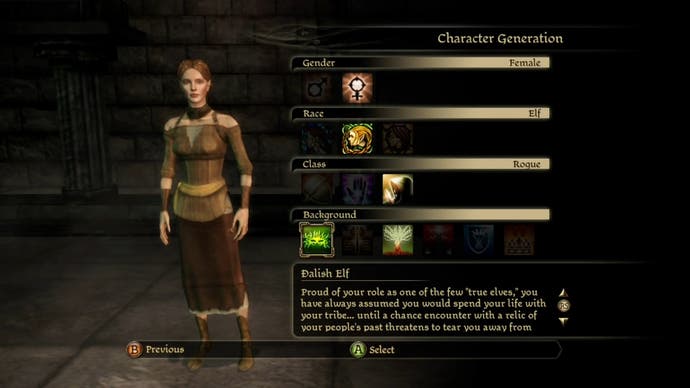 The character creator menu in Dragon Age: Origins, showing a female Elf with the Dalish background and rogue class selected.