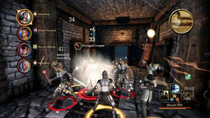 An Elf rogue fighting Enraged Corpse enemies in the Redcliffe Castle dungeons in Dragon Age: Origins, with attack numbers and status effects floating above the enemies.