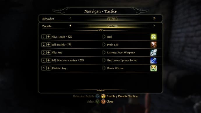 The Tactics menu for Morrigan in Dragon Age: Origins.