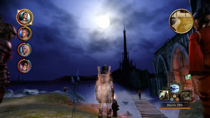 An Elf rogue looking up at The Circle tower at Lake Calenhad at night in Dragon Age: Origins.