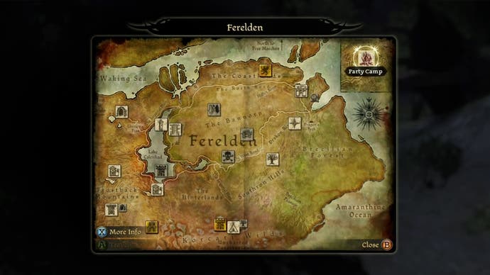 The map for Ferelden with DLC landmarks included in Dragon Age: Origins.