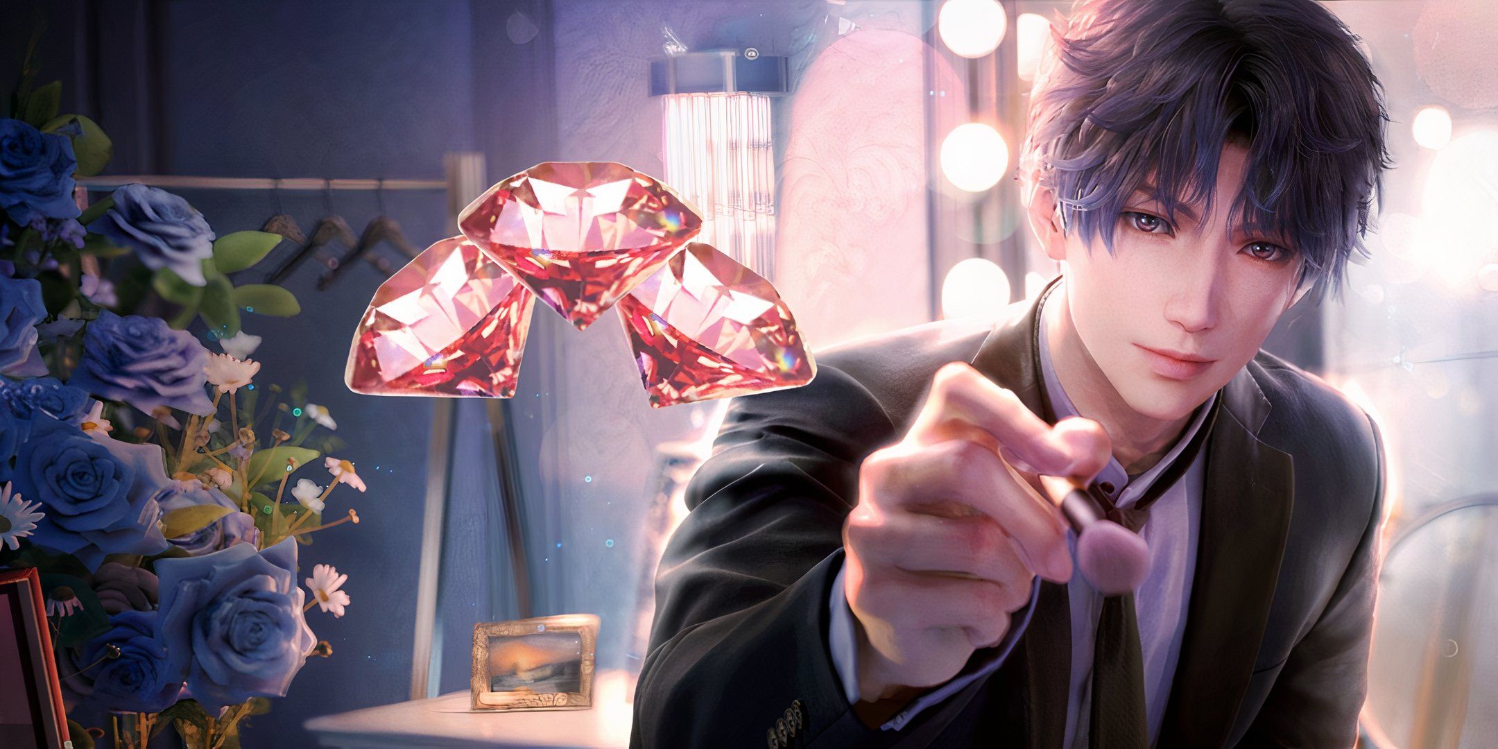 Love And Deepspace: An image of three Diamonds over top of an image of Rafayel with a makeup brush in his hand