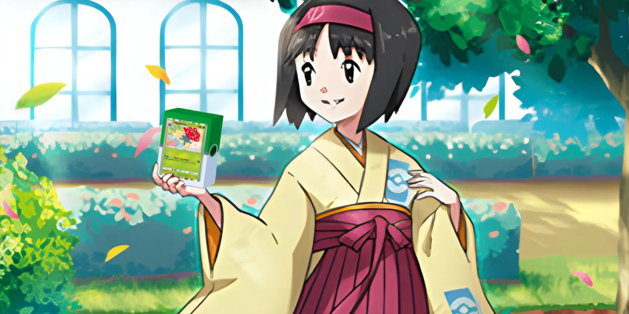 Erika holding a Grass-type deck featuring Vileplume.