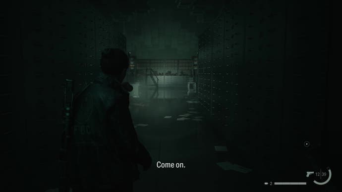 Kiran Estevez says 'Come on' as she enters yet another large temporal maze in Alan Wake 2's The Lake House DLC.