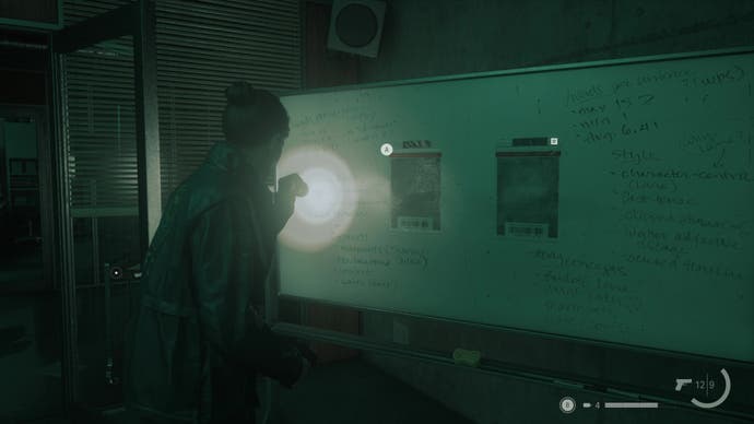 Kiran Estevez looks at a white board in  Alan Wake 2's The Lake House DLC.