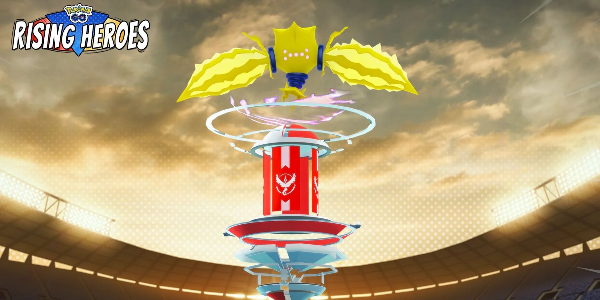 Regieleki on top of a red Pokemon Go Raid, with the Pokemon Go Rising Heroes logo in the corner.