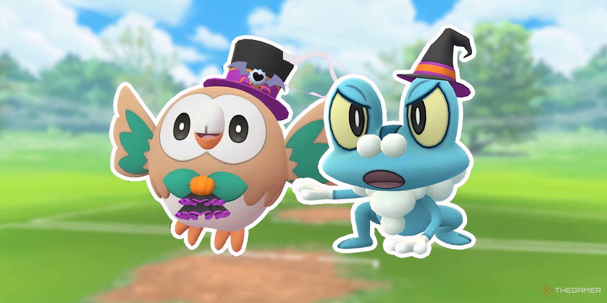 Image of Rowlet and Froakie, both wearing Halloween costumes.