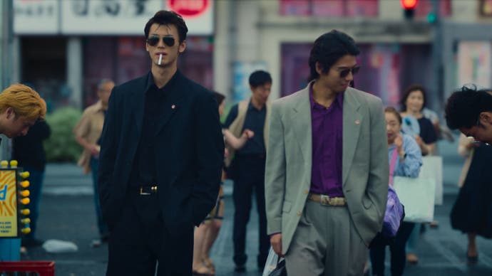 Like a Dragon: Yakuza TV series showing Kiryu on the streets of Tokyo with accomplice